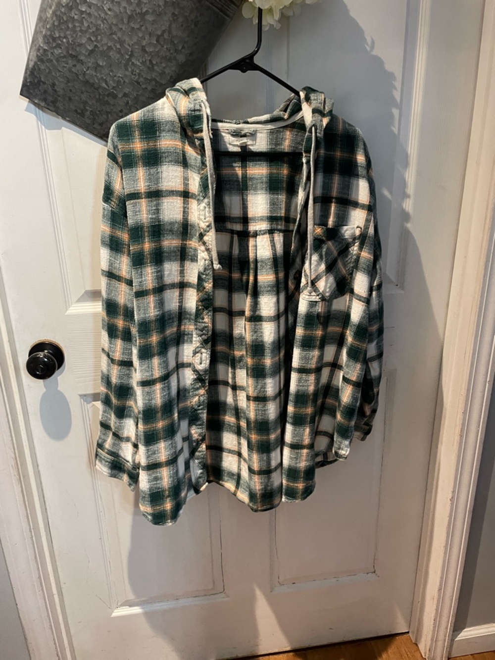 Maurices Green, White and Tan Plaid Hooded Shirt